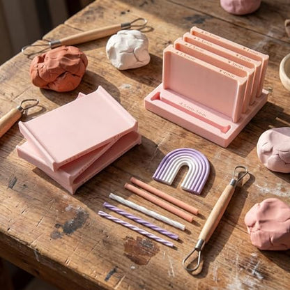 Polymer Clay Thickness String Roller Tool, 5 Size Even-Thickness Guides with Base, Strip Cutter for DIY Earrings, Jewelry Making and Clay Art (Pink+Apricot) - color: Pink+Apricot