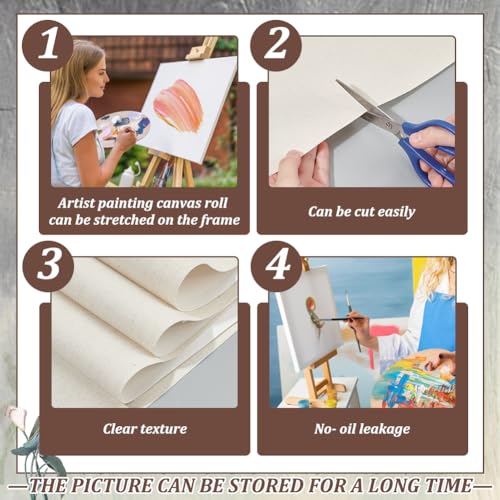 BENECREAT 5 Yards x 15 Inches Canvas Roll Linen, 27 Oz Four Primed Canvas Roll Artist Canvas for Gesso Art Painting Oil Painting Backdrop Decoration, 0.3mm Thick