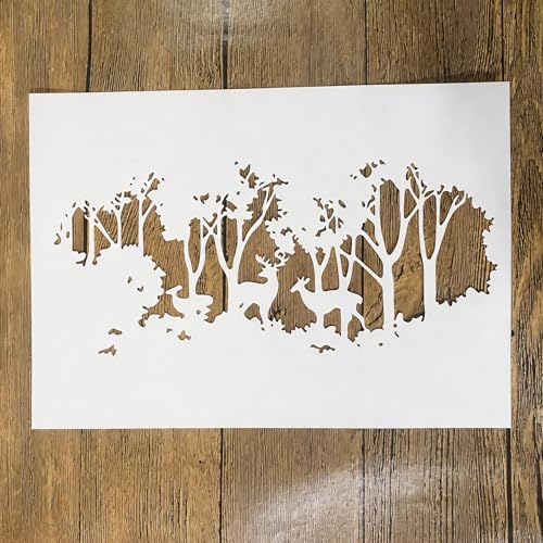 TIAMECH A4 Reusable Rustic Winter Forest Reindeer Stencil for Painting | Tree Deer Layering Template, DIY Wall Art, Wood Furniture, Scrapbook & Crafts (8.3x11.7inch) - style: Reusable Rustic Winter Forest