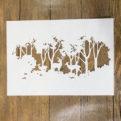 TIAMECH A4 Reusable Rustic Winter Forest Reindeer Stencil for Painting | Tree Deer Layering Template, DIY Wall Art, Wood Furniture, Scrapbook & Crafts (8.3x11.7inch) - style: Reusable Rustic Winter Forest
