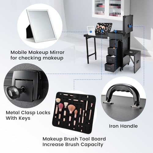 Joligrace Rolling Manicure Table with Pedicure Chair 4 Drawers Rolling Makeup Case Foldable Nail Desk Cosmetology Case on Wheels Brush Pouch Mirror Nail Kits Technician Workstation Artist Trolley
