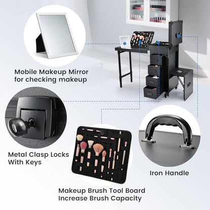 Joligrace Rolling Manicure Table with Pedicure Chair 4 Drawers Rolling Makeup Case Foldable Nail Desk Cosmetology Case on Wheels Brush Pouch Mirror Nail Kits Technician Workstation Artist Trolley