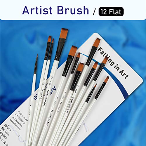 Falling in Art Paint Brushes Set, 12 PCS Nylon Professional Flat Paint Brushes for Watercolor, Oil Painting, Acrylic, Face Body Nail Art, Crafts, Rock Painting - size: 12 Pcs Flat Nylon