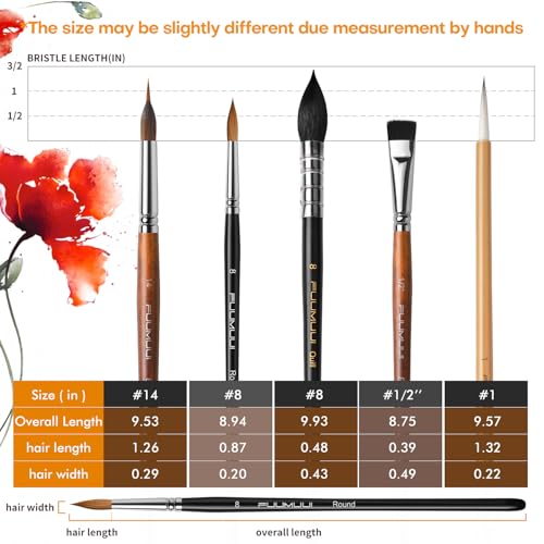 Watercolor Paint Brushes, 5pcs Fuumuui Professional Sable Brush, Wool & Synthetic Squirrel Brushes Set with Extended Needle, Round Point, Flat, Quill Wash Perfect for Watercolor Acrylic Gouache Inks - color: Mix5