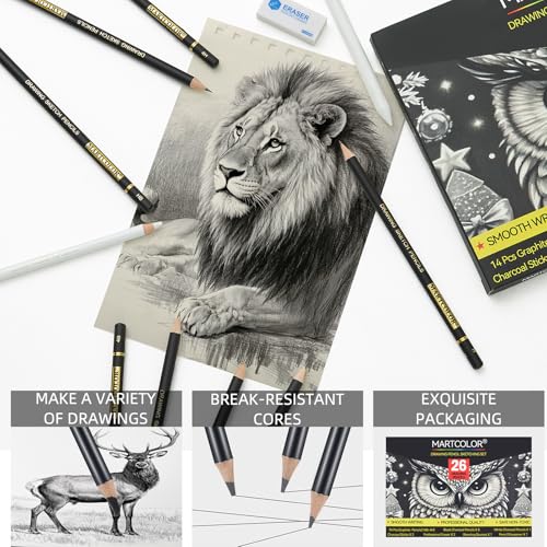 MARTCOLOR Drawing Sketching Pencil Set, 26 Pieces, Graphite Pencils (14B-4H), Charcoal Pencils, Charcoal Sticks, Blending Stump, Eraser, Sharpeners, Artist Pencils for Beginners & Pro Artists
