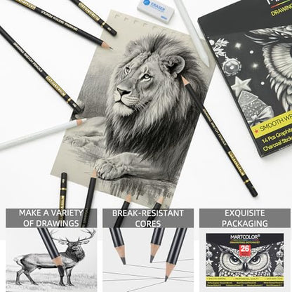 MARTCOLOR Drawing Sketching Pencil Set, 26 Pieces, Graphite Pencils (14B-4H), Charcoal Pencils, Charcoal Sticks, Blending Stump, Eraser, Sharpeners, Artist Pencils for Beginners & Pro Artists