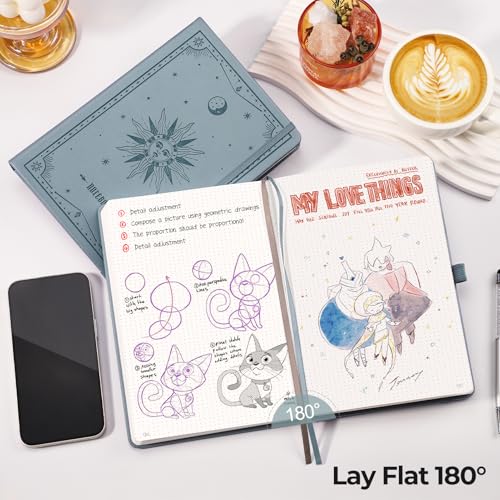 EMSHOI Dotted Journal Notebook, 320 Pages, A5 Small 5.75"x8.38", PU Leather Hardcover, 100 GSM Thick Paper, 5mm Dot Grid Notebook for Journaling, Planning, Drawing, Writing, Gray Blue - color: GrayBlue, size: A5 Dotted