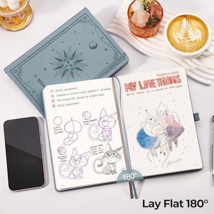 EMSHOI Dotted Journal Notebook, 320 Pages, A5 Small 5.75"x8.38", PU Leather Hardcover, 100 GSM Thick Paper, 5mm Dot Grid Notebook for Journaling, Planning, Drawing, Writing, Gray Blue - color: GrayBlue, size: A5 Dotted
