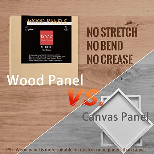 Cupohus Unfinished Birch Wood Boards Canvas for Painting, 5 Packs 3/4'' Deep Cupohus 12'' x 12'' Wooden Cradled Panels for Pouring Art, Crafts, Paints and More - size: 12" x 12"
