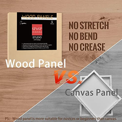 Cupohus Unfinished Birch Wood Boards Canvas for Painting, 5 Packs 3/4'' Deep Cupohus 12'' x 12'' Wooden Cradled Panels for Pouring Art, Crafts, Paints and More - size: 12" x 12"
