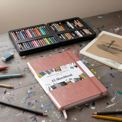 BROWNSTONE JOURNALS A5 Sketch Book Hardcover - 80 Sheets 100 GSM Paper 5"x8", Lay Flat, Vegan Leather Cover, Elastic Band, Back Pocket, Art Drawing Book (Rose Wood) - color: Rose Wood, size: A5 (5" x 8")