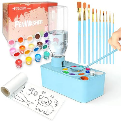 Paint Brush Cleaner Tool,Painting Running Water Circulation Art Supplies,with Brushes,Colors Paint,Watercolor Paper,Paint Station Creative Gift for Kids Girls Adult Artist Beginners,Blue