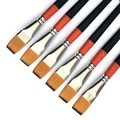 3/4 Inch Flat Bright Paint Brush, Pack of 6, Premium Quality Synthetic Hair for Acrylic Watercolor Oil Gouache Painting by Students, Professionals and Artists - size: 0.75 Inch Flat (6 PCS)