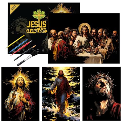 Religious Scratch Art Set for Adults, 4 Sheets Jesus Theme, 16 x 11.2 Inch Black Scratch Off Paper - style: Religious