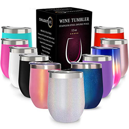CHILLOUT LIFE 12 oz Stainless Steel Wine Tumbler with Lid - Double Wall Vacuum Insulated Wine Cup Glass Keeping Cold & Hot for Coffee, Champagne, Cocktails, Ice Cream - Holographic Glitter - color: Holographic Glitter, style: 1 Pack