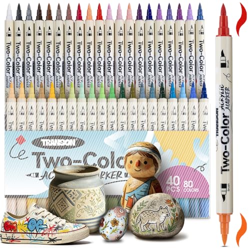 TRANSON 80 Colors Acrylic Paint Marker Set, 40 Pieces of Dual-color Acrylic Paint Pens with Brush Tips Versatile for Craft Painting, Drawing, Rock Painting, DIY, Paint on Most Surfaces - color: 40 Pcs 80 Colors