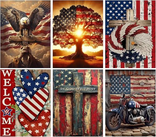 T.HENV 6 Packs Patriotic Diamond Art Kits for Adults,4th of July Diamond Painting Kit,5D DIY Independence Day Diamond Dots Gem Art for Adults Home Wall Decor 12x16inch - color: B19-B24
