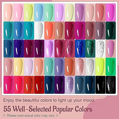 JODSONE Gel Nail Polish Kit 60 PCS with U V Light Soak off Base Top Coat 55 Shine Colors Gel Nail Kit Bright and Dark Brown Wine Red Series Manicure Set for Women and Girls - color: B10