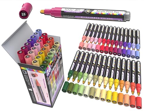 28 Wildflower Colors Acrylic Paint Pens Studio Color Series Markers Set 3mm Medium Tip, Rock Painting, Glass, Mugs, Wood, Metal, Canvas, DIY Projects, Detailing. Non Toxic, Waterbased, Quick Drying - color: WILDFLOWER M