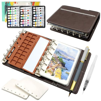 A7 Pocket Watercolor Paint Set, 24 Colors with 2 Water Brush Pens, 48 Sheets Binder Paper & 2 Anti-Stain Dividers, Portable Travel Sketching Kit for Adults Artists, Travel Journaling Gift