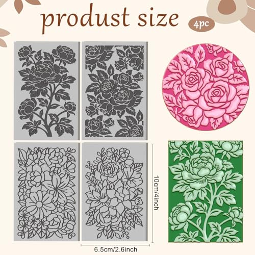 4 Pcs Large-Scale Floral Pattern Polymer Clay Texture Sheet Rubber Clay Texture Mat for Polymer Clays Making Earrings Jewelry DIY Crafts, 4 × 2.5 Inch - style: Large-scale Floral