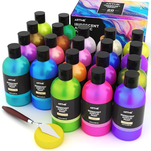 ARTME Iridescent Acrylic Paint Set, 20 Chameleon Colors in 8.45 oz/250ml Bottles, Large Bulk Color-shifting Acrylic Paint Perfect for Artists, Beginners on Canvas, Rocks, Wood, Fabric with Paint Knife - color: 8.45oz X 20 Colors