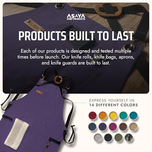 Asaya Chef and BBQ Apron with Bottle Opener and Hand Towel - 10oz Cotton Canvas, Stainless Steel Hardware - Cross Back Straps - color: Purple