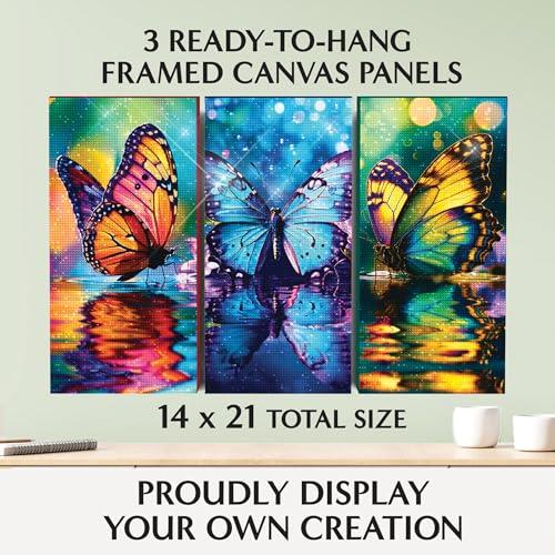 ArtSkills Diamond Painting Kit, Diamond Art Ready to Hang Framed Canvas with Storage and Accessory Kit, Enchanted Butterflies, 3 Stretched Canvas Panels, 14” x 7” Each - color: Enchanted Butterflies