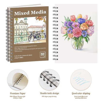 4 Pack Mixed Media Sketchbook, 5.5x8.5 inches Drawing Paper Sketch Book, 98lb/160gsm Heavyweight Spiral Bound Sketch Pads, Suitable for Artist, Drawing, Painting, Sketching(200 Sheets) - color: landscape, size: 5.5 x 8.5 inch (4 pack)