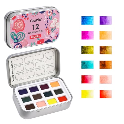 Grabie Pocket Watercolor Set of 12, Travel Watercolor Paint Set, Watercolor Paints, Art Supplies for Painting, Great Watercolor Set for Artists, Amateur Hobbyists and Painting (Floral) - color: Floral