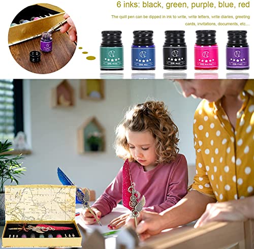 NC Feather Calligraphy Set, Quill Pen Ink Set Includes 5 Bottles of Ink and 6 Replaceable Stainless Steel Nibs, Calligraphy Pen for Writing, Writing Letters, Signing Invitations Etc (Red) - color: Wine Red
