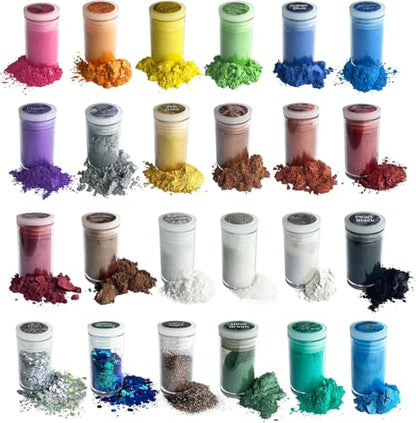 VITARIE Pigment Set - 24 Colors Mica Powder for Lip Gloss, Skin Paint, Bath Bombs, Soap Making, Nail Polish, Epoxy Resin, Candle - 0.11oz Each (20 Jars Mica + 4 Jars Glitter) - color: White,Balck,Silver,Gold,Yellow,Metallic,Orange,Rose,Purple,Blue,Green,H