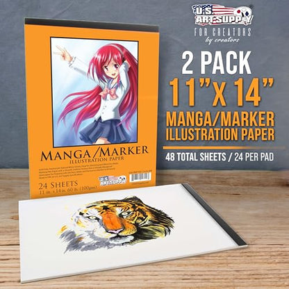U.S. Art Supply 11’ x 14" Premium Manga Marker Paper Pad (2 Pack, 48 Sheets Total) - 60lb (100gsm) Drawing Sketchbook for Alcohol & Acrylic Paint Markers - size: 11" x 14"