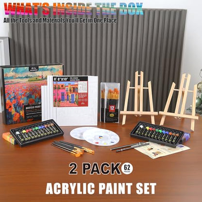 4 Pack Painting Set for Couples or Family Groups, 124 PCS Paint Set with 4 Table Easels,48 Acrylic Paints,12 Pre-Drawn & Blank Canvases for Painting,48 Brushes,4 Pencils,4 Palettes and Painting Guides