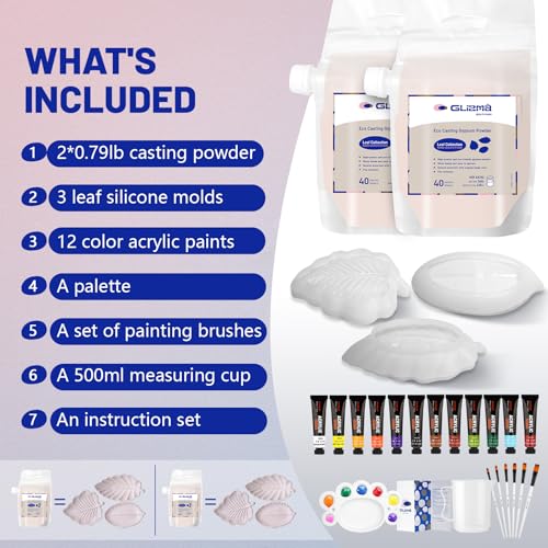 Glizma Complete Gypsum Casting Powder Kit 2 Sets 6 Leaf Trays, Home Decor DIY Beginners Crafts Kits Adults Women, Water Activated, Fast Curing, Date Night Painting Kit(Acrylic Paint Inclueded) - size: Leaf