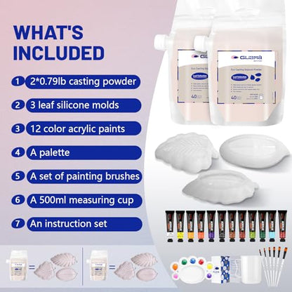Glizma Complete Gypsum Casting Powder Kit 2 Sets 6 Leaf Trays, Home Decor DIY Beginners Crafts Kits Adults Women, Water Activated, Fast Curing, Date Night Painting Kit(Acrylic Paint Inclueded) - size: Leaf