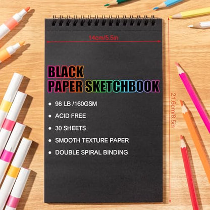 30 Sheets Black Paper Sketchbook, 98lb/160gsm Heavyweight Black Sketch Pad 5.5×8.5in, Acid-Free Drawing Paper, Spiral Bound Sketch Book for Kids, Teens, Artist - size: 5.5×8.5 Inch (1 pack)