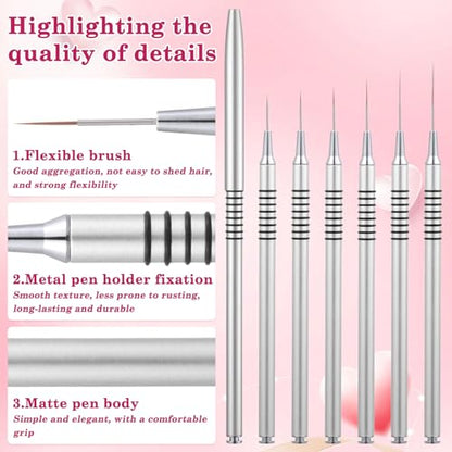 6Pcs Nail Art Liner Brushes Set, Fine Drawing Painting Details Design Striping Brush With Gel Polish Acrylic Handle Gifts Manicure Tools DIY Sizes 5/7/9/11/15/25mm, Silver - color: Sliver