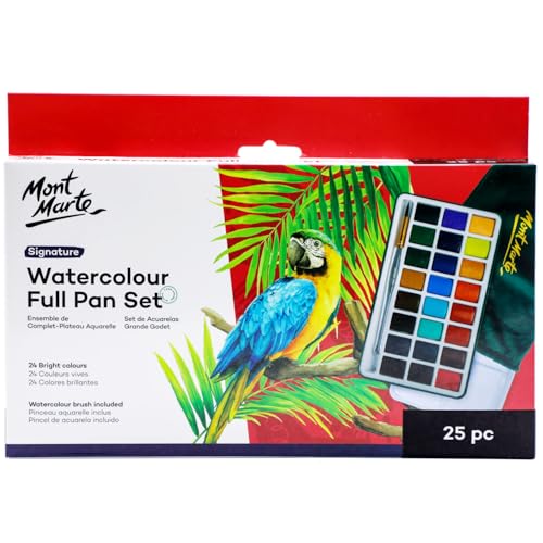 Mont Marte Watercolor Full Pan Set Signature 25pc, Watercolor Paint Set Featuring 24 Full Pan Colors and Round Brush, Includes Study Travel Tin and Four Mixing Wells