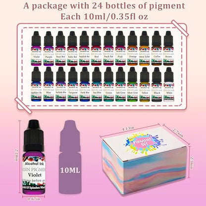 Alcohol Ink Set - 24 Colors Vibrant Colors High Concentrated Alcohol-Based Ink, Concentrated Epoxy Resin Paint Colour Dye Great for Resin Petri Dish, Coaster, Painting -10ml Each