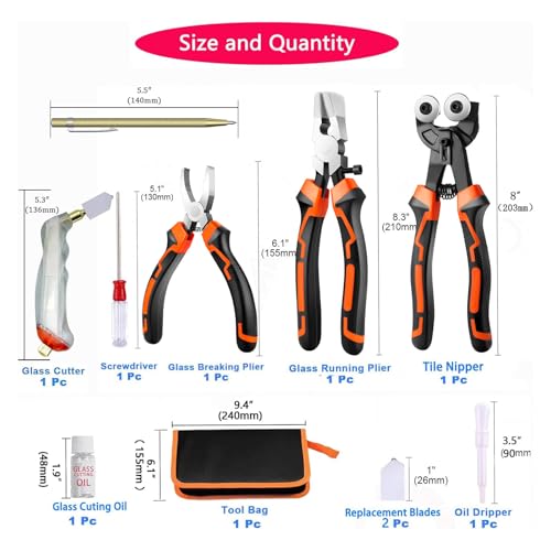 Glass Cutting Tool Kit with Tile Nipper, Glass Running Pliers, Breaker Grozer Pliers, Glass Cutter for Stained Glass, Tiles, Mosaic, with Storage Bag - color: 11 PCS