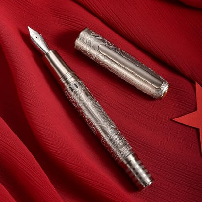 Hongdian 100 Piston Fountain Pen Silver Steel, Iridium Medium Nib Calligraphy Pen, Smooth Writing Pen with Pen Case Set - color: Silver-100, style: Medium Point