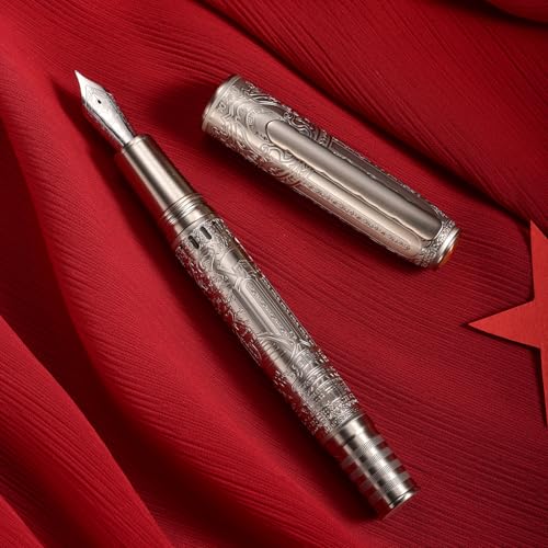 Hongdian 100 Silver Steel Piston Fountain Pen, Iridium Fine Nib Calligraphy, Smooth Writing Pens, Nice Writing Pen for Men & Women - color: Silver-100, style: Fine Point