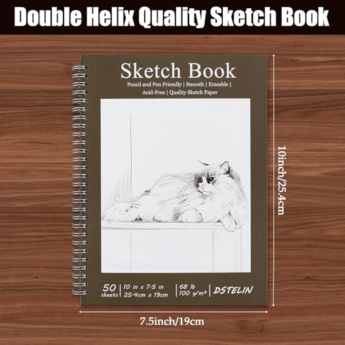 DSTELIN 10 x 7.5 Inch Spiral Bound Sketch Book for Drawing, 50 Sheets 68LB/100GSM Acid-Free Paper, Hardcover Sketch Pad for Students and Adults