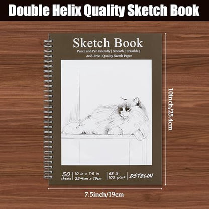 DSTELIN 10 x 7.5 Inch Spiral Bound Sketch Book for Drawing, 50 Sheets 68LB/100GSM Acid-Free Paper, Hardcover Sketch Pad for Students and Adults