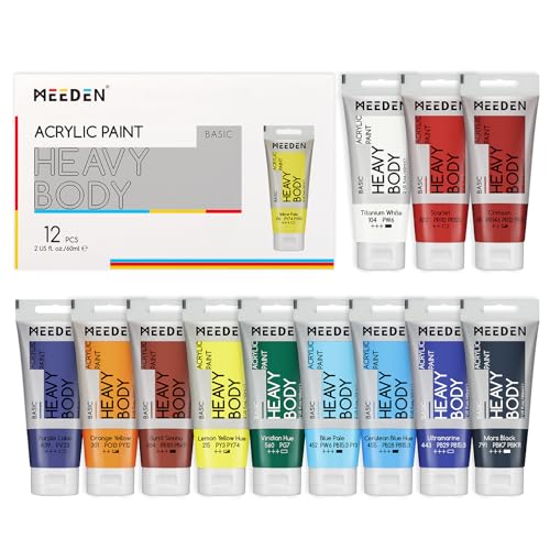 MEEDEN Heavy Body Acrylic Paint - Basic Satin Finish 12 x 60ml (2 oz) Color Paint Set for Adults - Rich Pigment Halloween Art Craft Paints for Fabric Rock Canvases Pumpkin Painting - color: 12 Colors, size: Set