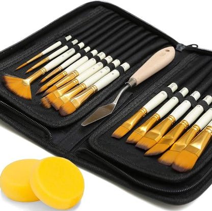 DUGATO Paint Brush Set 15 pc with Pop-Up Case, Palette Knife & Sponges | Short Handle Brushes for Oil, Acrylic, Gouache, Watercolor, Model & Craft, Includes Mixing Knife & Sponge - color: Premium Bristle - 15pcs