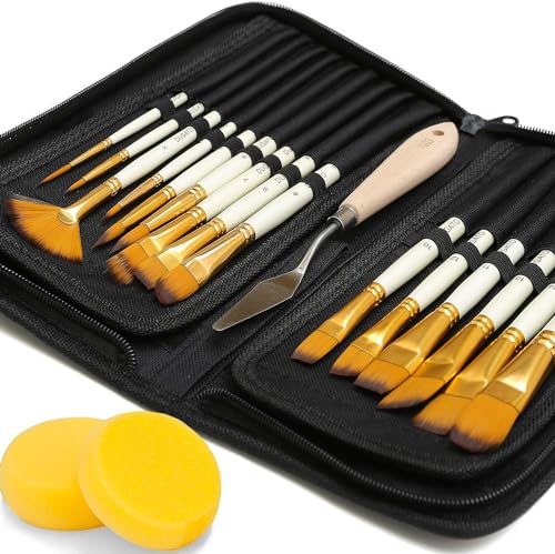 DUGATO Paint Brush Set 15 pc with Pop-Up Case, Palette Knife & Sponges | Short Handle Brushes for Oil, Acrylic, Gouache, Watercolor, Model & Craft, Includes Mixing Knife & Sponge - color: Premium Bristle - 15pcs