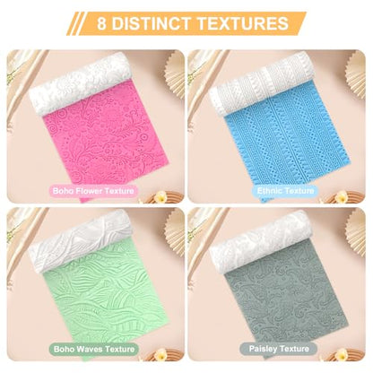 8 Pcs Non-Stick Polymer Clay Texture Rollers (Complex Texture) | Boho, Floral, Mandala & Paisley Patterns, 2 Storage Boxes, Crisp Imprints, Seamless Texture, Premium Resin - color: Complex Texture