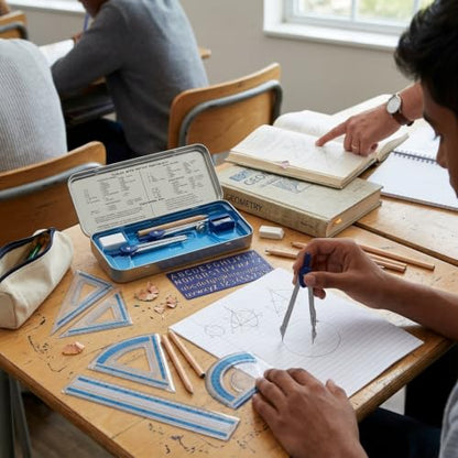 STAEDTLER 10-Piece Math Set with Metal Compass, 6" Ruler & Triangle Squares, 45° & 30/60° Set Squares, Alphabet Stencil - Measuring Tools (12 Pack)